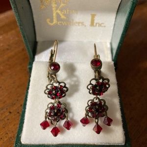 Dark Red Beaded Gold Plated Leverback Dangle Earrings
